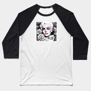 Retro sugar skull blonde with roses black and white Baseball T-Shirt